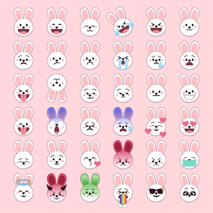 Visages d'emoji de lapin blanc avec des expressions mignonnes pour les médias sociaux