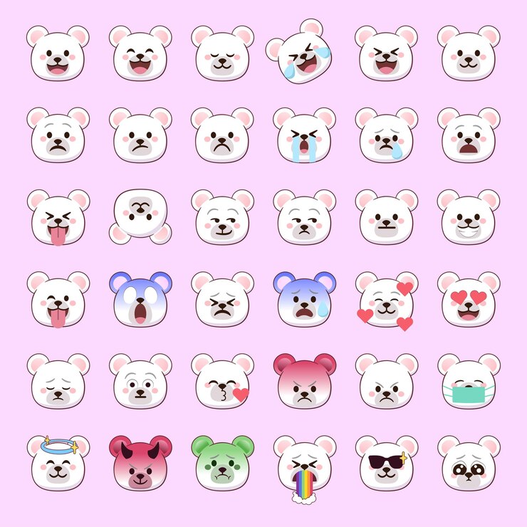 Visages d'emoji d'ours polaire avec des expressions mignonnes pour les médias sociaux