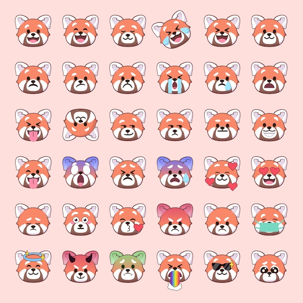 Vecteur visages d'emoji de panda rouge avec des expressions mignonnes pour les médias sociaux