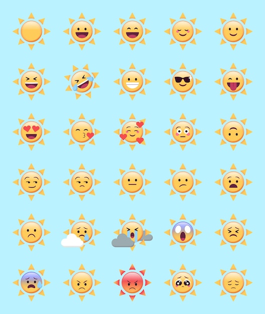 Visages d'emoji soleil d'été avec des expressions mignonnes pour les médias sociaux