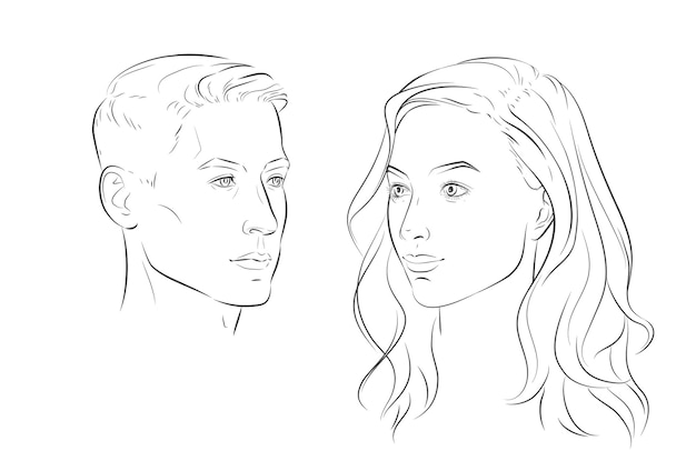 Visages d'homme et de femme Visage de têtes Portrait de jeune belle fille garçon Illustration de croquis de ligne vectorielle