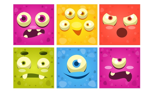 Vecteur des visages de monstres drôles, des emojis de mutants carrés colorés, des emoticons mignons avec différents vecteurs d'émotions.