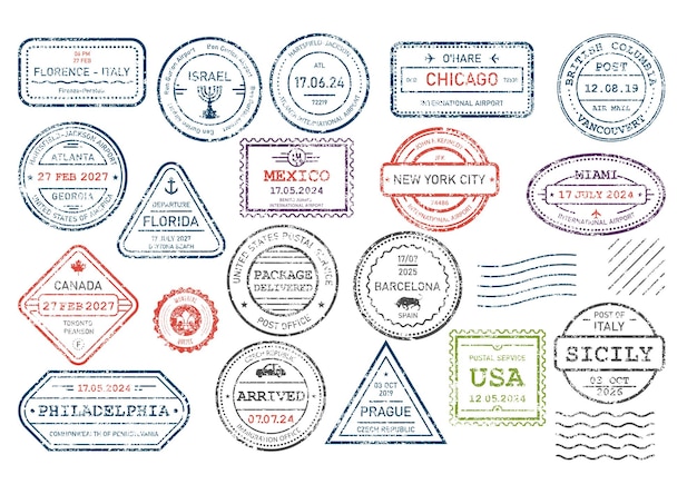 Vise de voyage internationale, timbres d'arrivée et de départ, passeport, timbre en caoutchouc effiloché