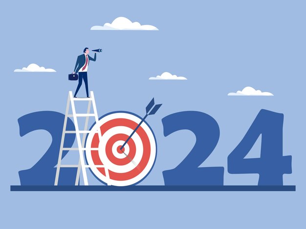 Vision d'entreprise avec des jumelles pour les opportunités dans Spyglass 2024 l'objectif futur Visionnaire voit l'illustrateur vectoriel du futur