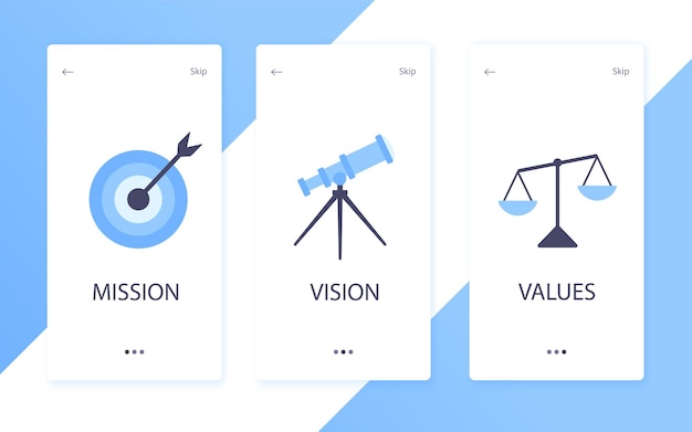 La vision de la mission et les valeurs des icônes de conception de style plat signent des concepts Web ensemble d'illustrations vectorielles