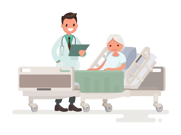 Visite du médecin à la salle de patient femme âgée couchée dans un lit médical