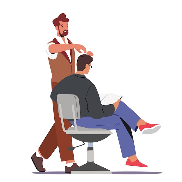 Vecteur visiteur dans le salon de coiffure coiffeur coiffeur faisant la coiffure au jeune client masculin assis sur une chaise lisant le magazine
