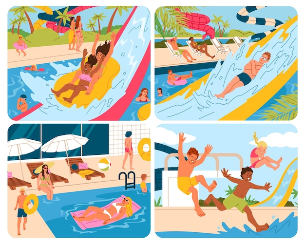 Visiteurs du parc aquatique Glissades d'eau d'amusement Divertissement du parc aquatiques Fête en piscine Tuyau de bain Relaxation familiale Plage d'été Attractions de parc aquatique Scènes de vacances vectorielles