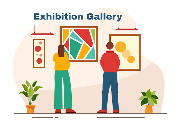 Vecteur les visiteurs de l'exposition regardent une galerie avec une peinture abstraite moderne dans la salle d'exposition contemporaine dans une illustration vectorielle à fond de dessin animé plat