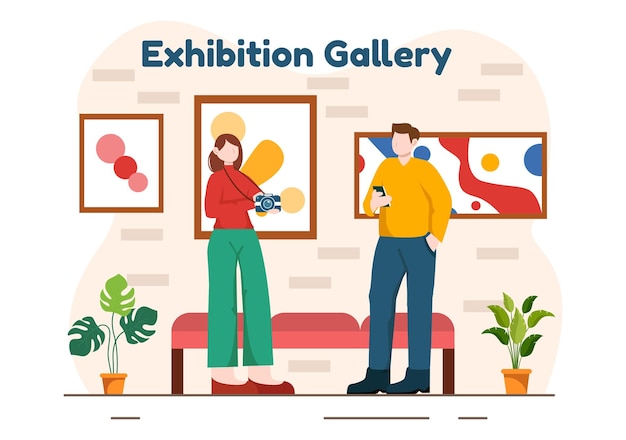 Les visiteurs de l'exposition regardent une galerie avec une peinture abstraite moderne dans la salle d'exposition contemporaine dans une illustration vectorielle à fond de dessin animé plat