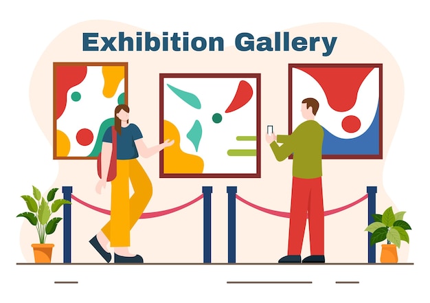 Les visiteurs de l'exposition regardent une galerie avec une peinture abstraite moderne dans la salle d'exposition contemporaine dans une illustration vectorielle à fond de dessin animé plat