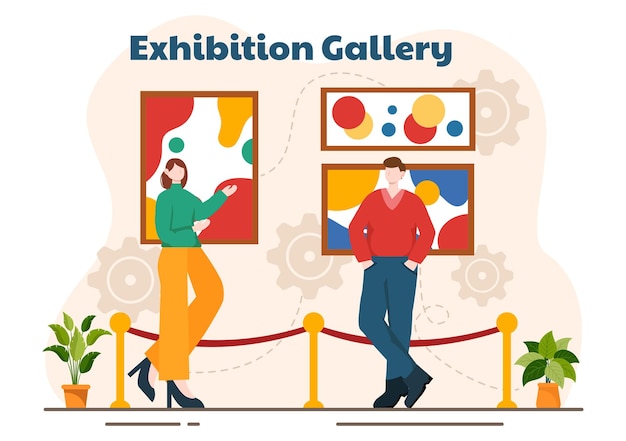 Les visiteurs de l'exposition regardent une galerie avec une peinture abstraite moderne dans la salle d'exposition contemporaine dans une illustration vectorielle à fond de dessin animé plat