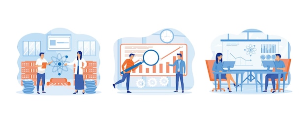 Visualisateur et analyste de la recherche conceptuelle en science des données travaillant sur une illustration vectorielle plate d'un projet