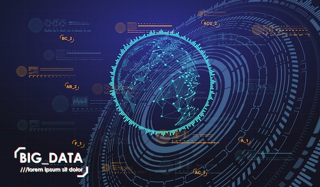 Visualisation abstraite de données volumineuses. Esthétique futuriste. Fond de données volumineuses avec des éléments HUD.