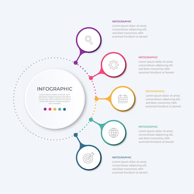 Visualisation des données commerciales Graphique de processus Éléments abstraits d'un diagramme graphique avec 5 options d'étapes