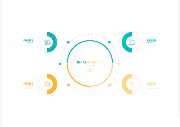 Visualisation des données d'entreprise. Diagramme de processus. Éléments abstraits du graphique, diagramme à 4 étapes, cercle