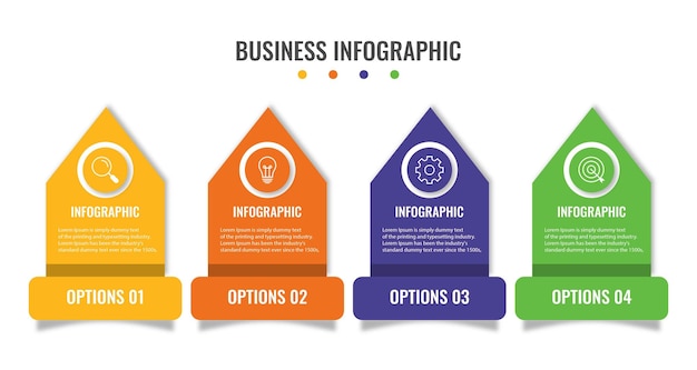 Visualisation des données d'entreprise Diagramme de processus Éléments du diagramme graphique avec 4 étapes options parties ou processus