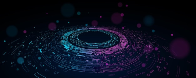 Visualisation de grandes données Circles numériques tourbillonnants avec des fragments de web et des circuits imprimés Arrière-plan technologique futuriste Particules d'information dans un réseau neuronal Illustration vectorielle