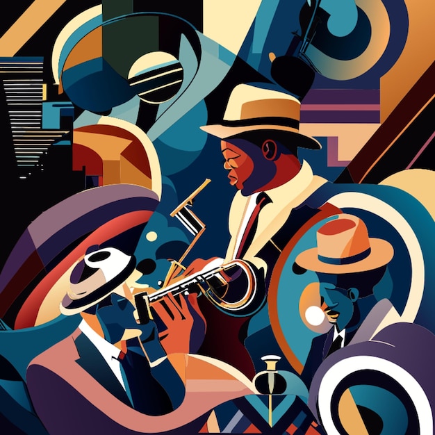 Vecteur visualiser les mélodies d'un groupe de jazz sous la forme de formes abstraites avec une combinaison de couleurs vintage