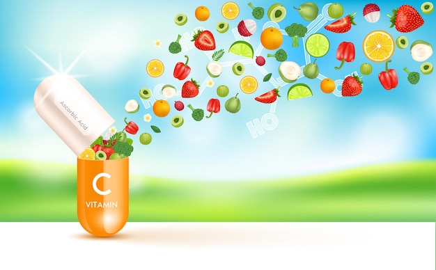 Vecteur vitamine c capsule médicamenteuse substance orange fruits et légumes qui neutralisent les radicaux libres