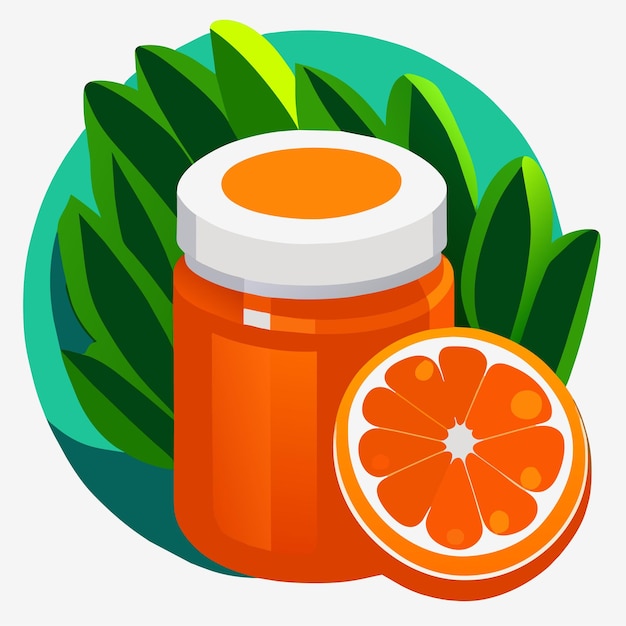 Vecteur vitamine c dans un récipient en plastique coloré et oranges avec feuilles vertes sur fond blanc