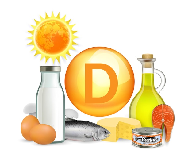 Vecteur vitamine d lumière du soleil et sources alimentaires illustration vectorielle