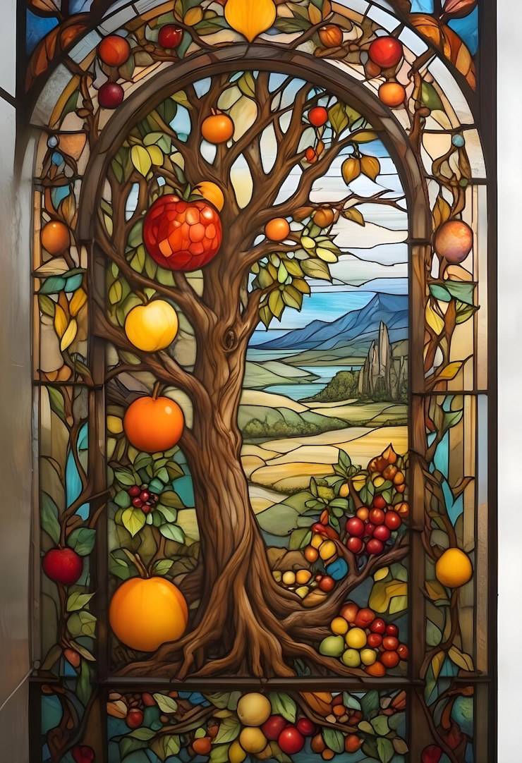 Vitraux représentant un arbre fruitier et un paysage