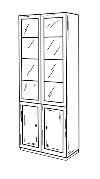 Vitrine de buffet de bibliothèque de garde-robe dessinée à la main avec des portes en verre dans le style de croquis de doodle