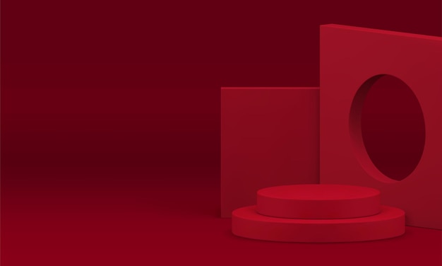 Vitrine géométrique en 3D, podium en cylindre rouge, piédestal pour le produit, illustration vectorielle réaliste