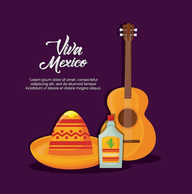 Viva Mexico Avec Des Icônes Liées à La Culture Mexicaine Sur Fond Violet