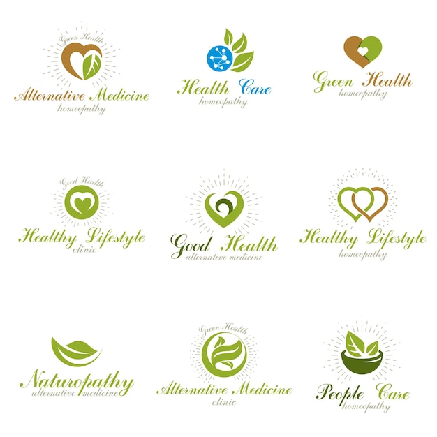 Vecteur vivre en harmonie avec la métaphore de la nature, ensemble de logos d'idées de santé verte. emblèmes modernes abstraits du centre de bien-être.