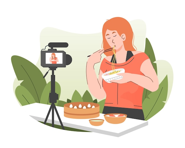 Vecteur vlogger alimentaire féminin mangeant des nouilles tout en enregistrant une vidéo pour sa chaîne vidéo en ligne
