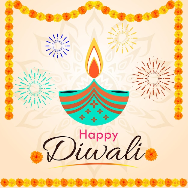 Vecteur des vœux de diwali avec diya et des fleurs illustration vectorielle premium