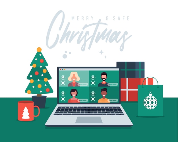 Vecteur voeux de noël en ligne. personnes se réunissant en ligne avec la famille ou les amis en appel vidéo sur une discussion virtuelle d'ordinateur portable.