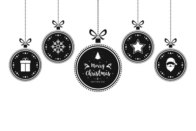Des vœux de Noël, des ornements, des bijoux suspendus sur un fond blanc isolé.