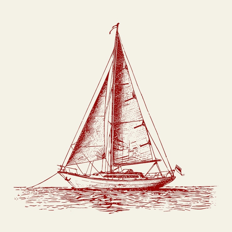 Vecteur un voilier classique naviguant paisiblement sur des eaux calmes dans un style dessiné à la main rouge