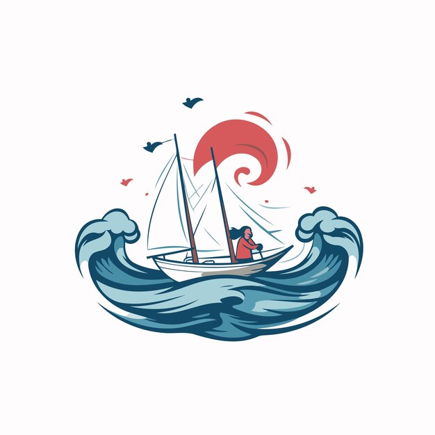 Vecteur un voilier avec une voile sur les vagues illustration vectorielle