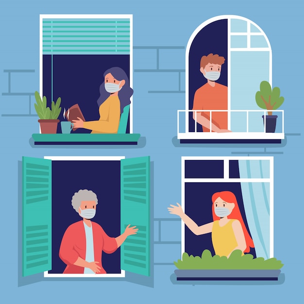Les voisins de l'appartement se saluent par la fenêtre