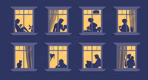 Voisins aux fenêtres. Personnages de dessins animés dans leur appartement en lisant un livre, en cuisinant, en regardant la télévision et en passant du temps ensemble. Vector illustration soirée maison scène, silhouette ou ombre personnes dans la fenêtre