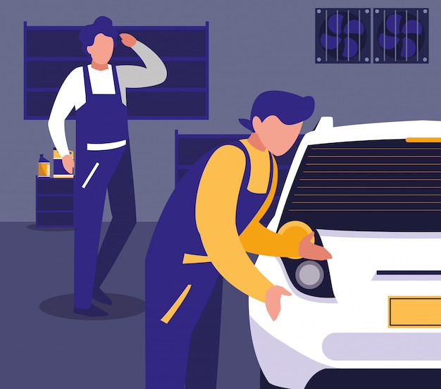 Voiture en atelier de maintenance avec l'équipe de mécaniciens