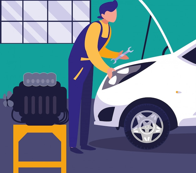 Voiture en atelier de maintenance avec mécanicien
