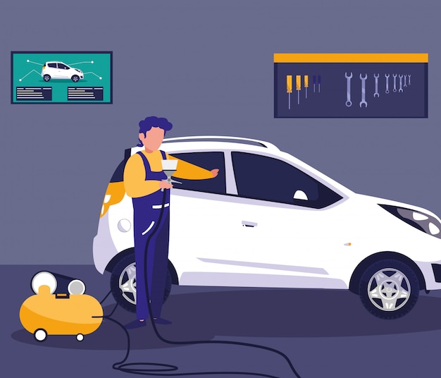 Voiture en atelier de maintenance avec mécanicien