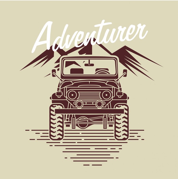 Vecteur voiture d'aventurier en face de la montagne
