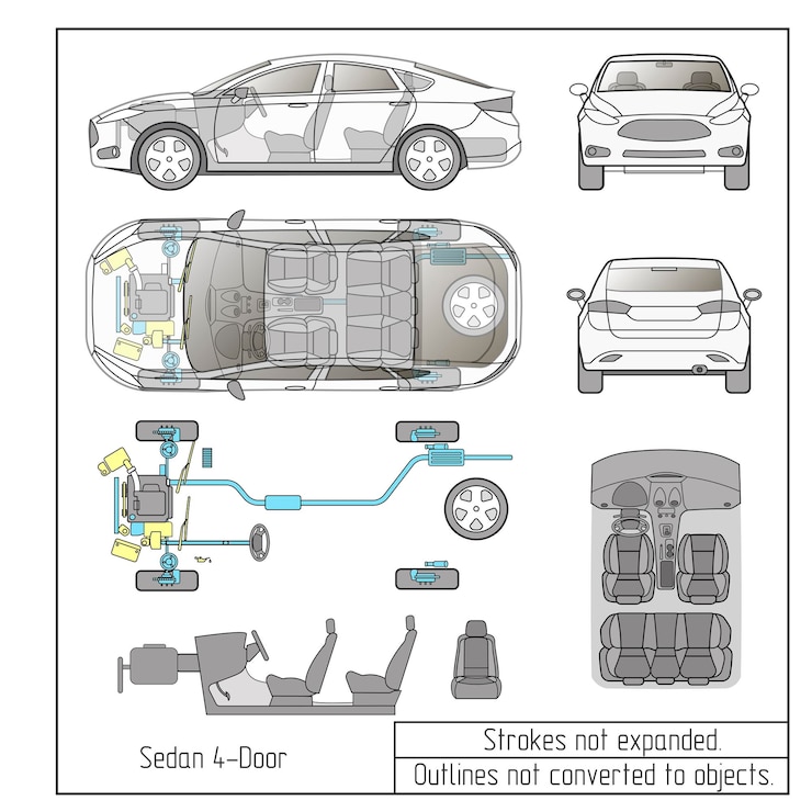 Voiture berline pièces intérieures sièges moteur tableau de bord dessin contours non convertis en objets
