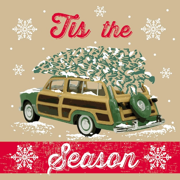 Voiture Classique De Noël Avec Pin Isolé Tis The Season Libellés Christmas Vector Design