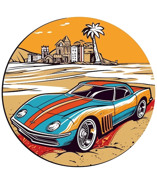 Vecteur voiture corvette devant une plage illustration voiture classique vintage sur illustration blanche