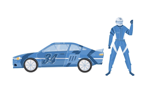 Voiture de course plate et personnage de coureur en casque et tenue bleue