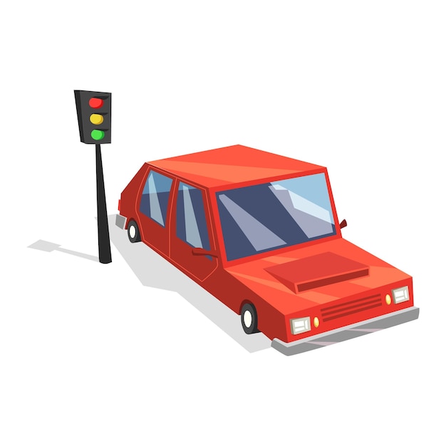 Voiture de dessin animé de vecteur près de feu de circulation