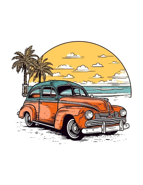 Voiture Devant Une Plage Voiture D'illustration Dessinée à La Main Conception D'illustration Dessinée à La Main