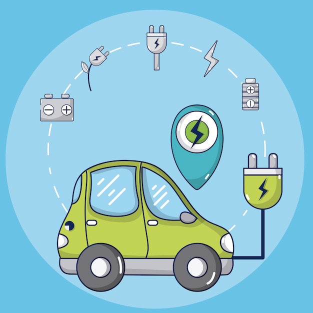 Vecteur voiture électrique avec énergie verte ronde symboles